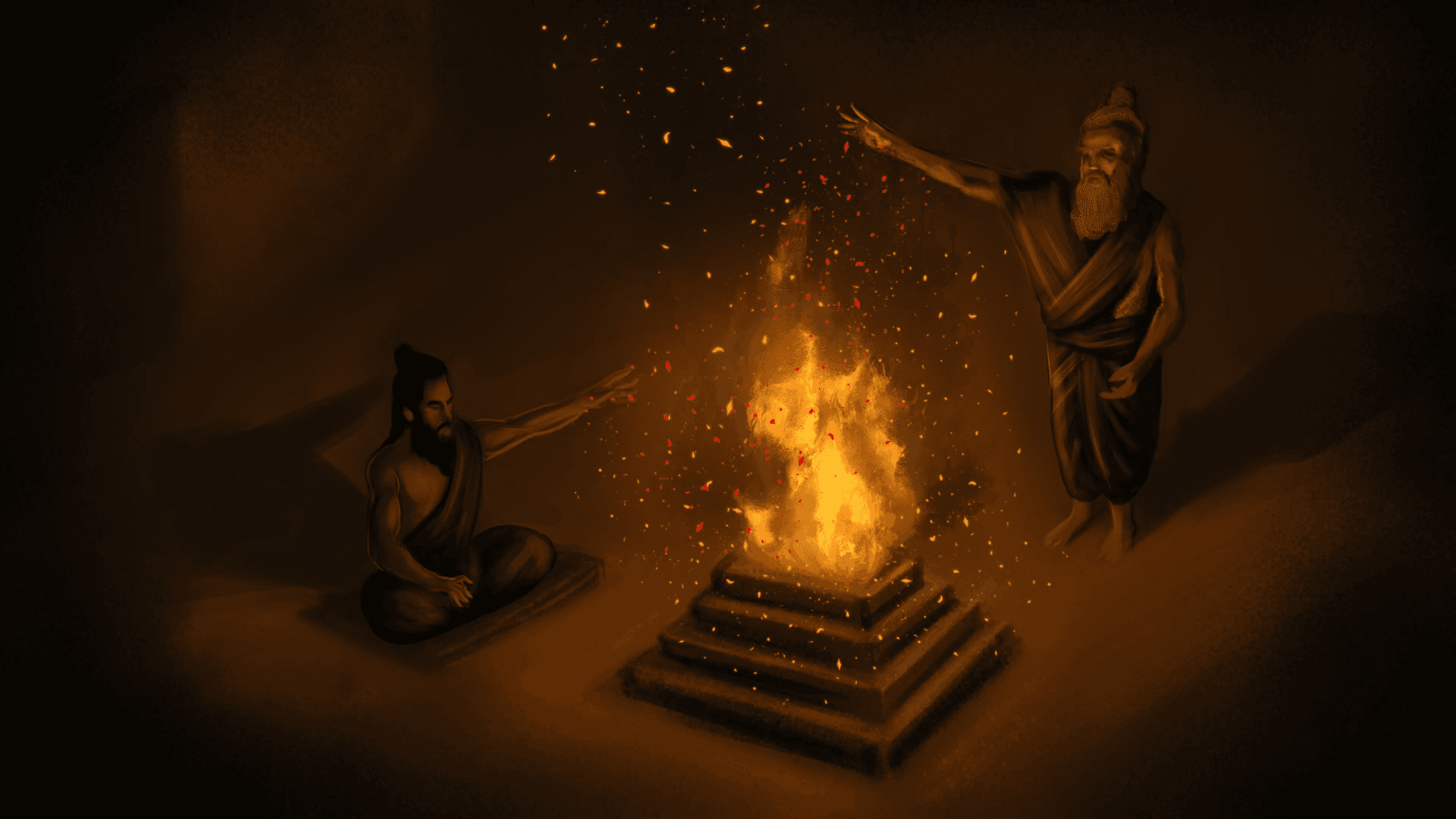 Sandstone temple interior with sacred fire