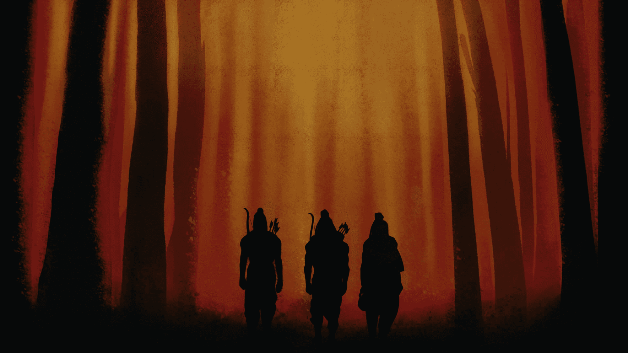 Warriors walking into sacred forest light