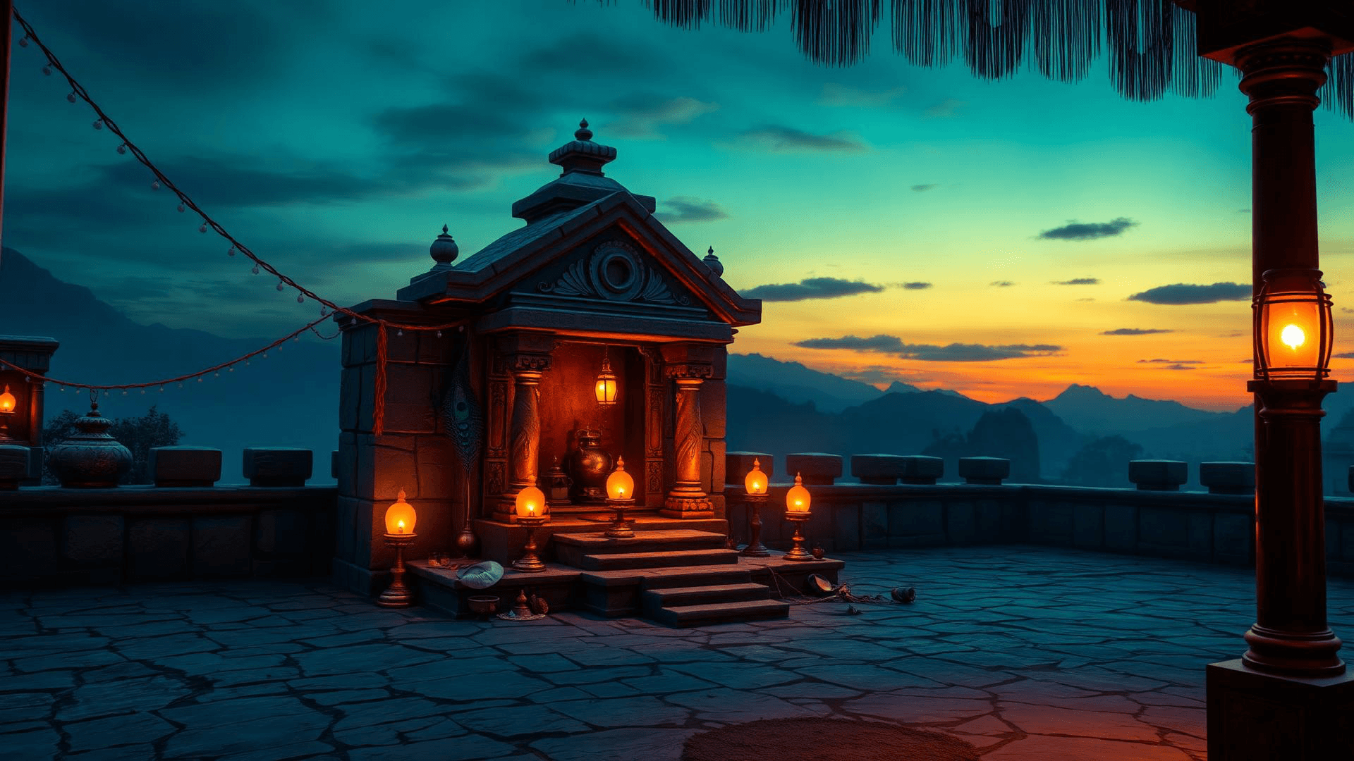 Vedic shrine at dusk with oil lamps