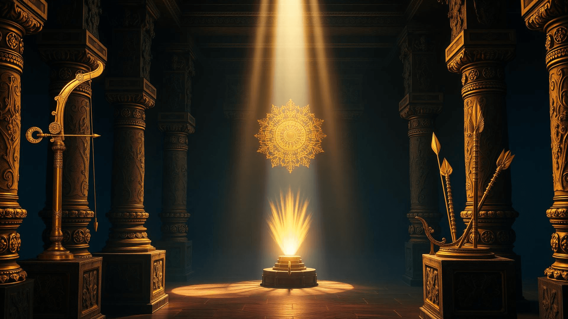 Sacred Vedic armory hall with divine weapons